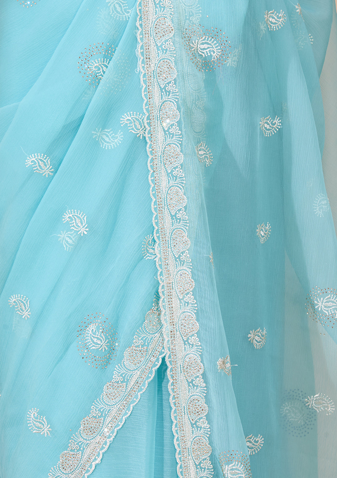 Sky Blue Tissue Silver Zariwork Saree With Matching Blouse Piece