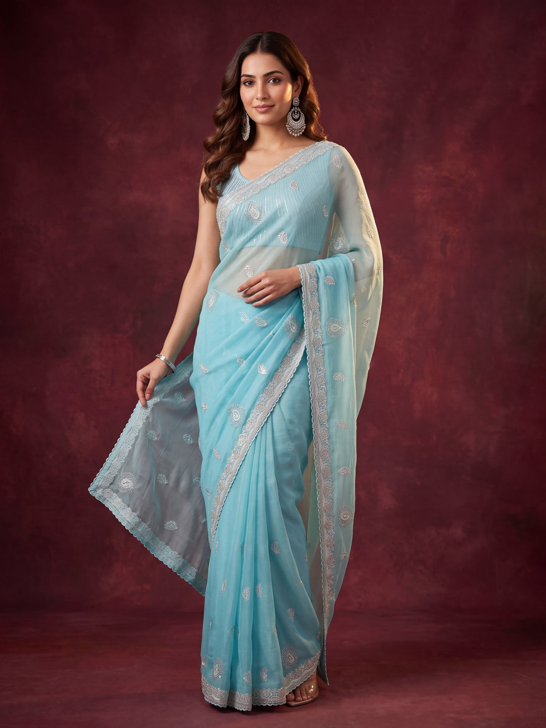 Sky Blue Tissue Silver Zariwork Saree With Matching Blouse Piece