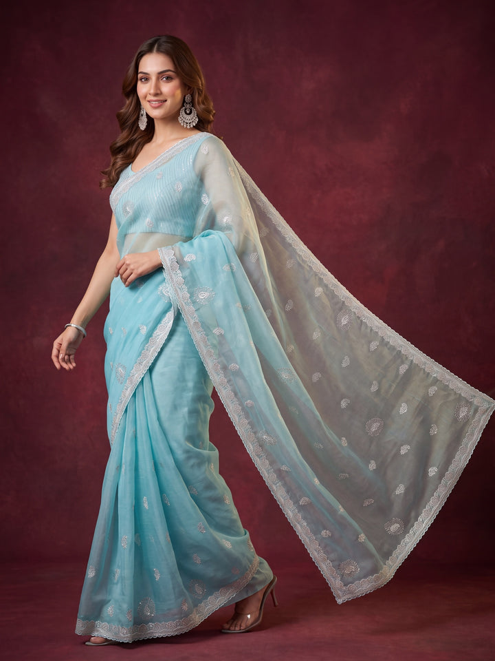 Sky Blue Tissue Silver Zariwork Saree With Matching Blouse Piece