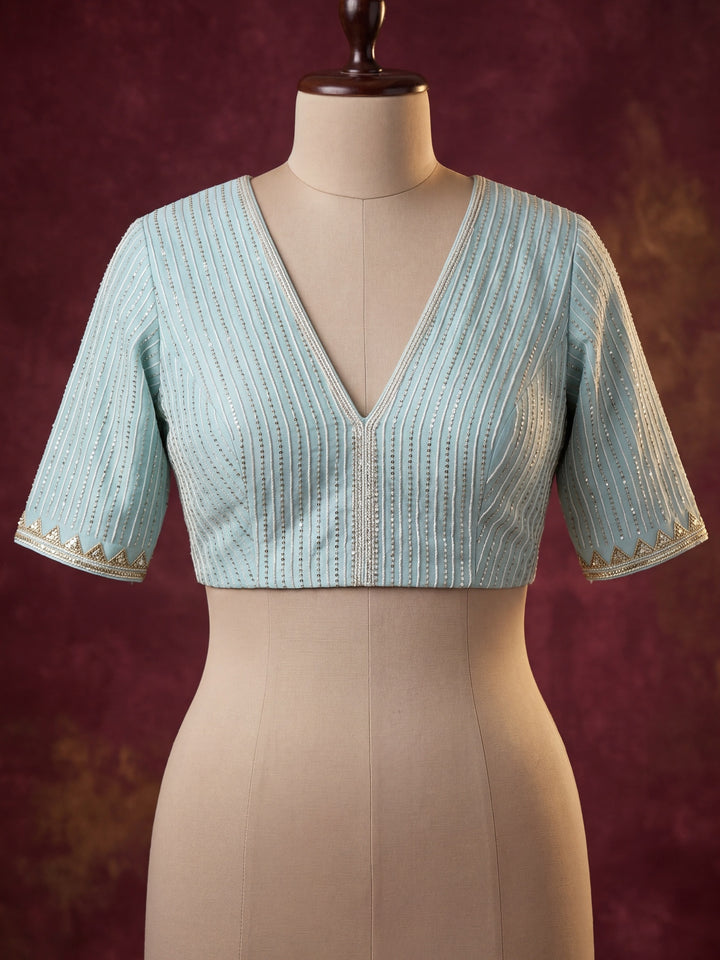 Sky Blue Tissue Silver Zariwork Saree With Matching Blouse Piece