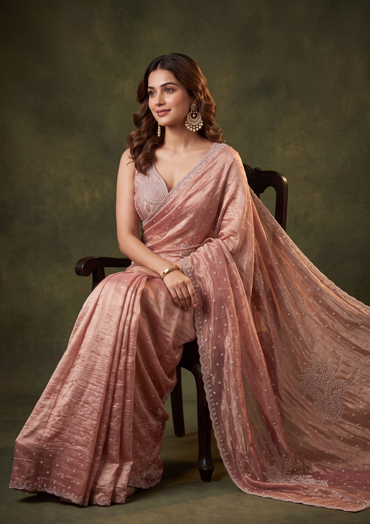Onion Pink Tissue Gold Stonework Saree With Matching Blouse Piece