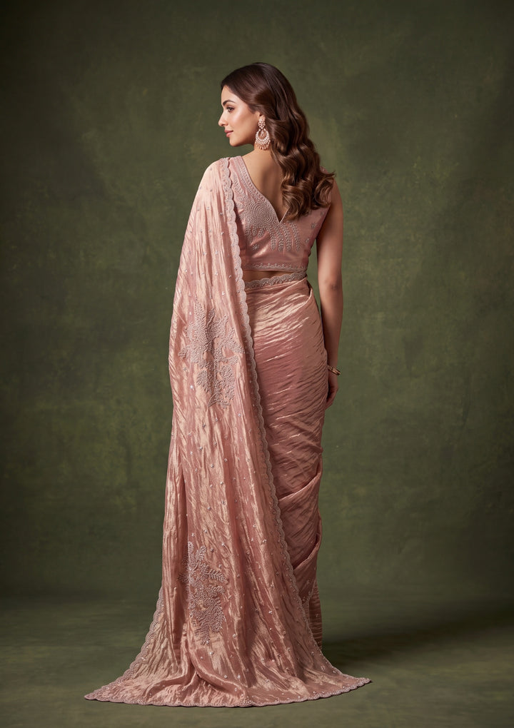 Onion Pink Tissue Gold Stonework Saree With Matching Blouse Piece