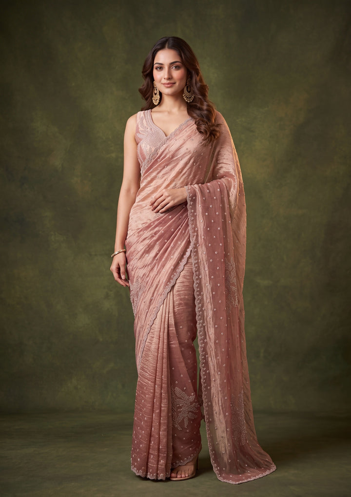 Onion Pink Tissue Gold Stonework Saree With Matching Blouse Piece