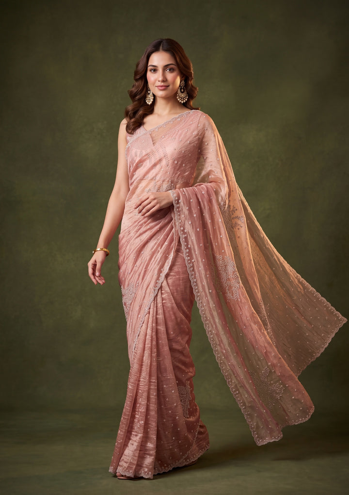 Onion Pink Tissue Gold Stonework Saree With Matching Blouse Piece