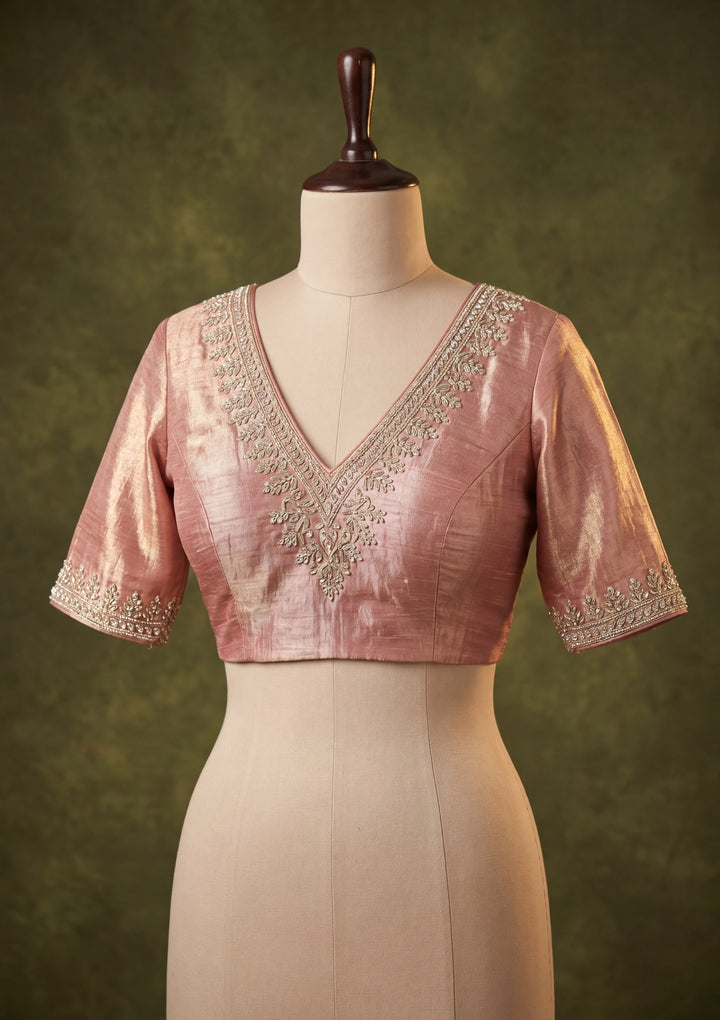Onion Pink Tissue Gold Stonework Saree With Matching Blouse Piece