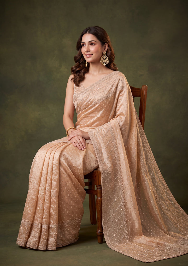 Light Peach Tissue Gold Stonework Saree With Matching Blouse Piece