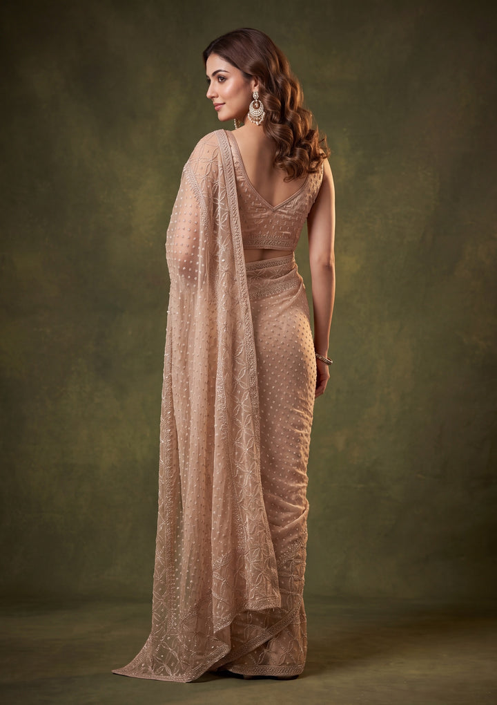 Light Peach Tissue Gold Stonework Saree With Matching Blouse Piece