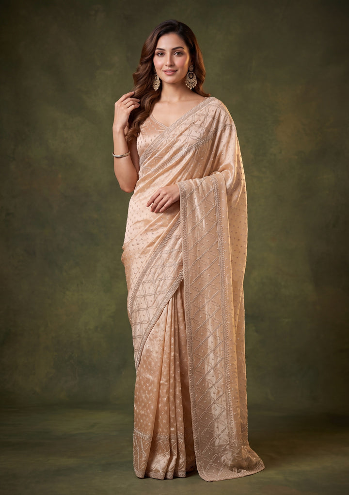 Light Peach Tissue Gold Stonework Saree With Matching Blouse Piece