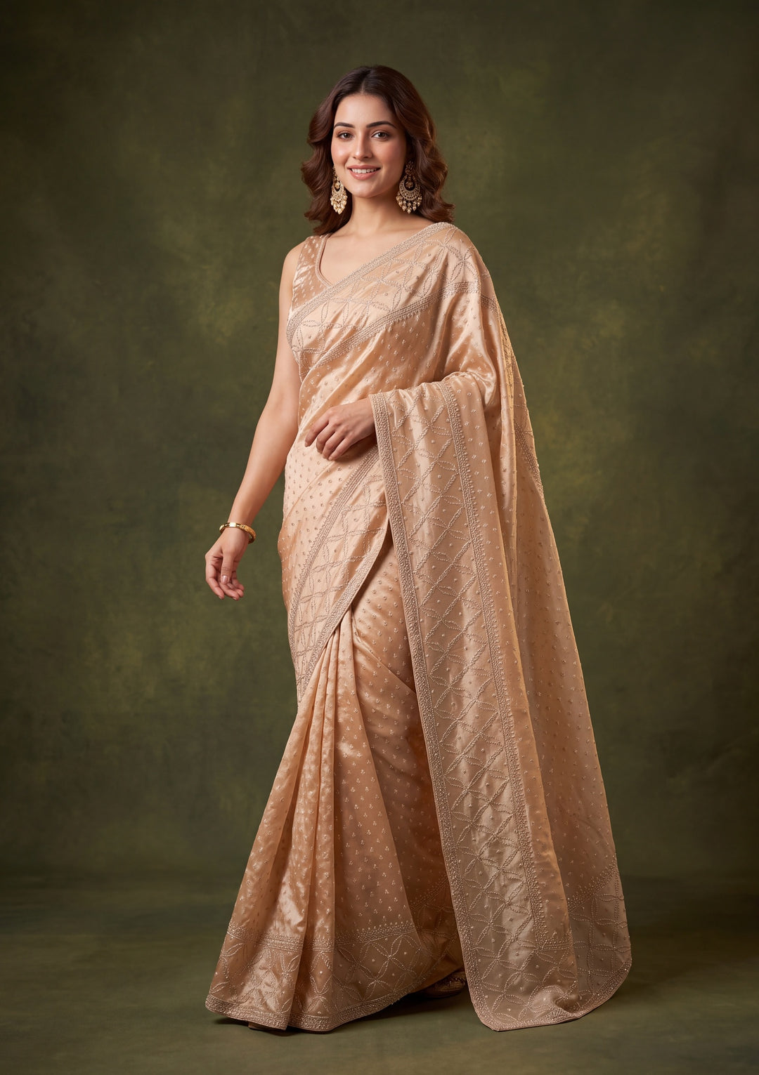 Light Peach Tissue Gold Stonework Saree With Matching Blouse Piece