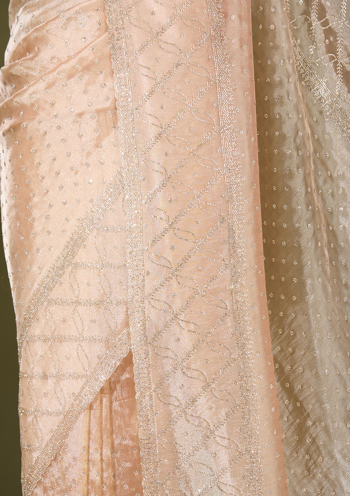 Light Peach Tissue Gold Stonework Saree With Matching Blouse Piece