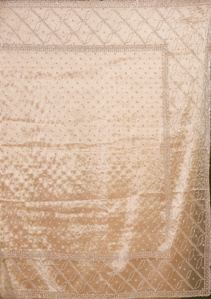 Light Peach Tissue Gold Stonework Saree With Matching Blouse Piece