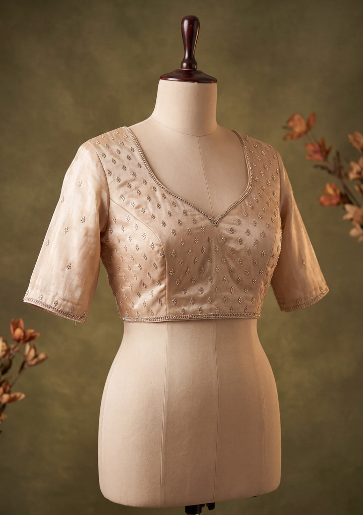 Light Peach Tissue Gold Stonework Saree With Matching Blouse Piece