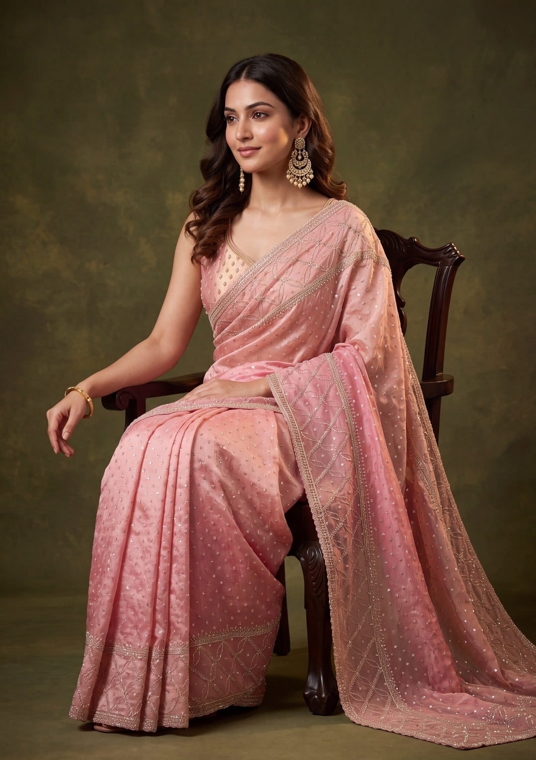 Pink Tissue Gold Stonework Saree With Matching Blouse Piece