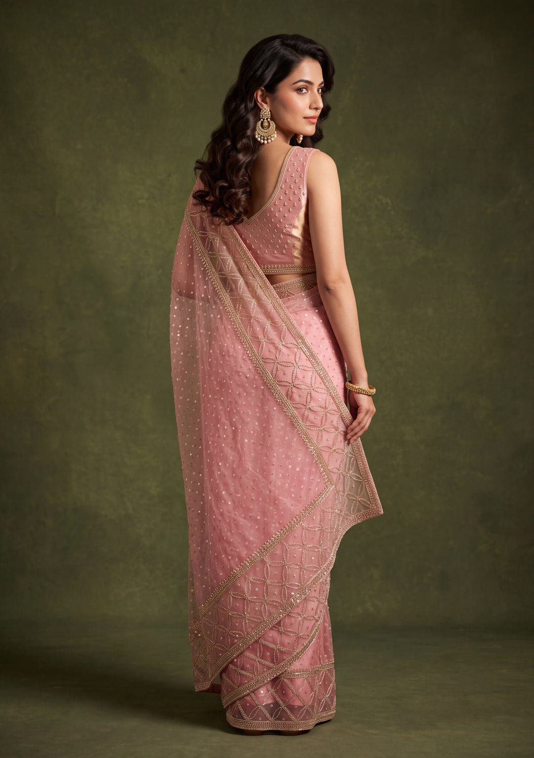 Pink Tissue Gold Stonework Saree With Matching Blouse Piece