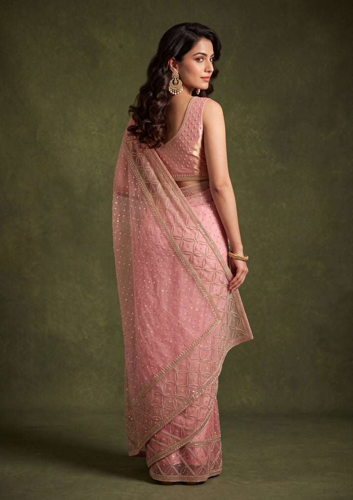 Pink Tissue Gold Stonework Saree With Matching Blouse Piece