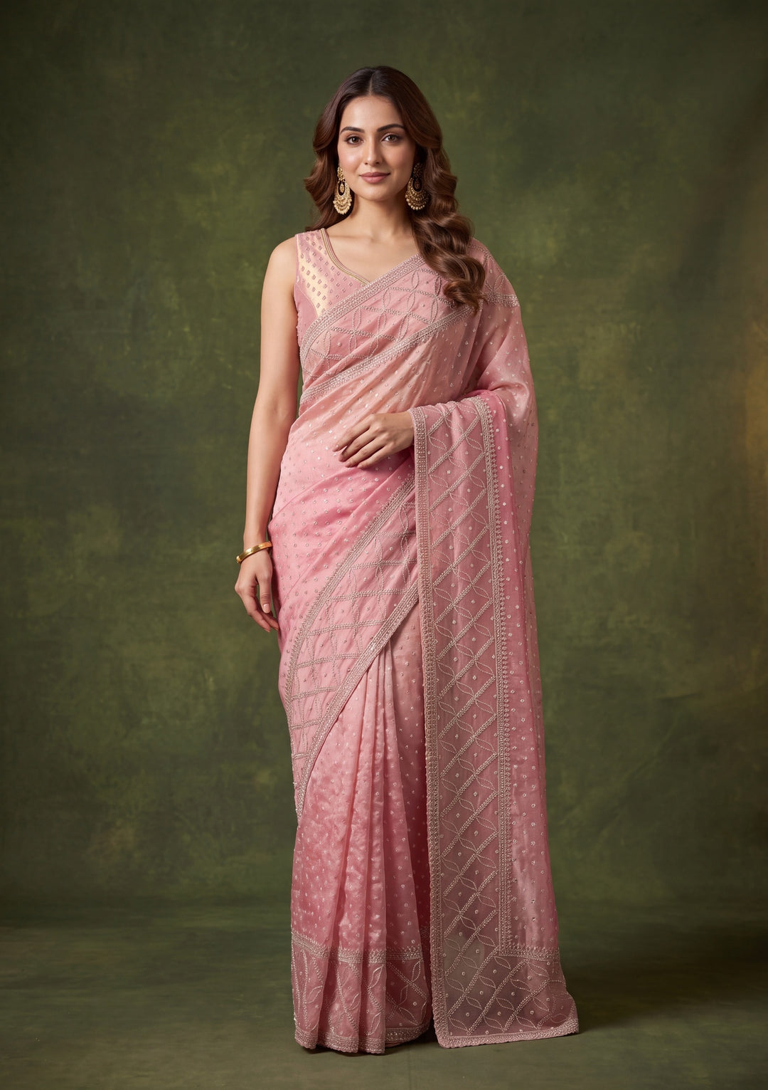 Pink Tissue Gold Stonework Saree With Matching Blouse Piece