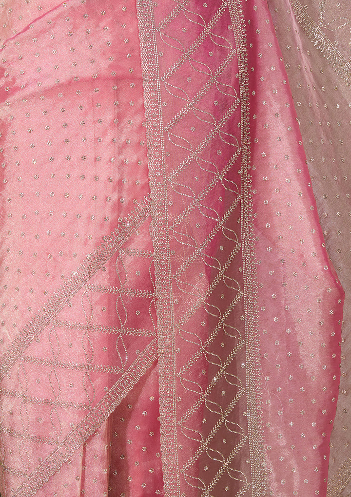 Pink Tissue Gold Stonework Saree With Matching Blouse Piece