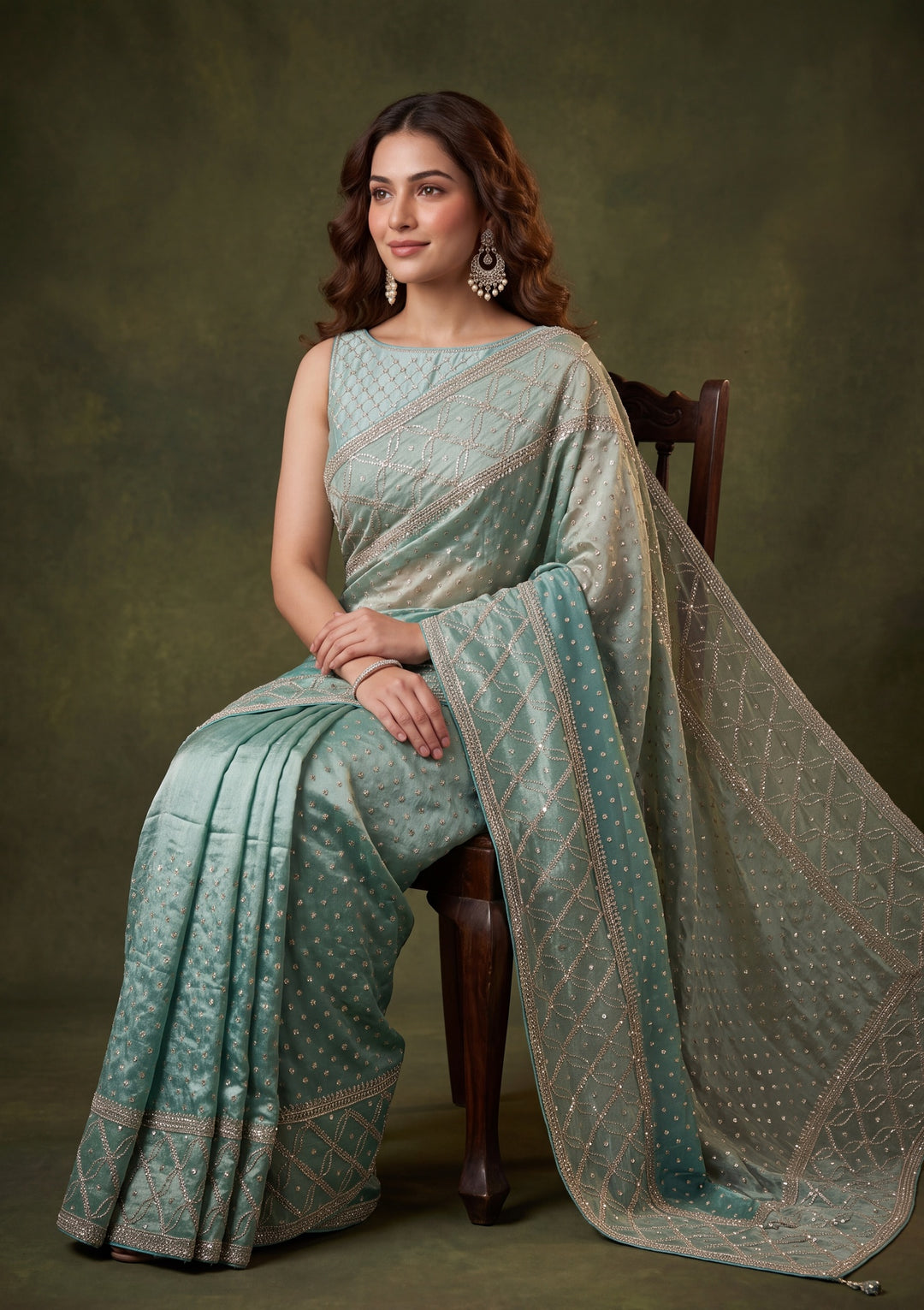 Sea Green Tissue Gold Stonework Saree With Matching Blouse Piece