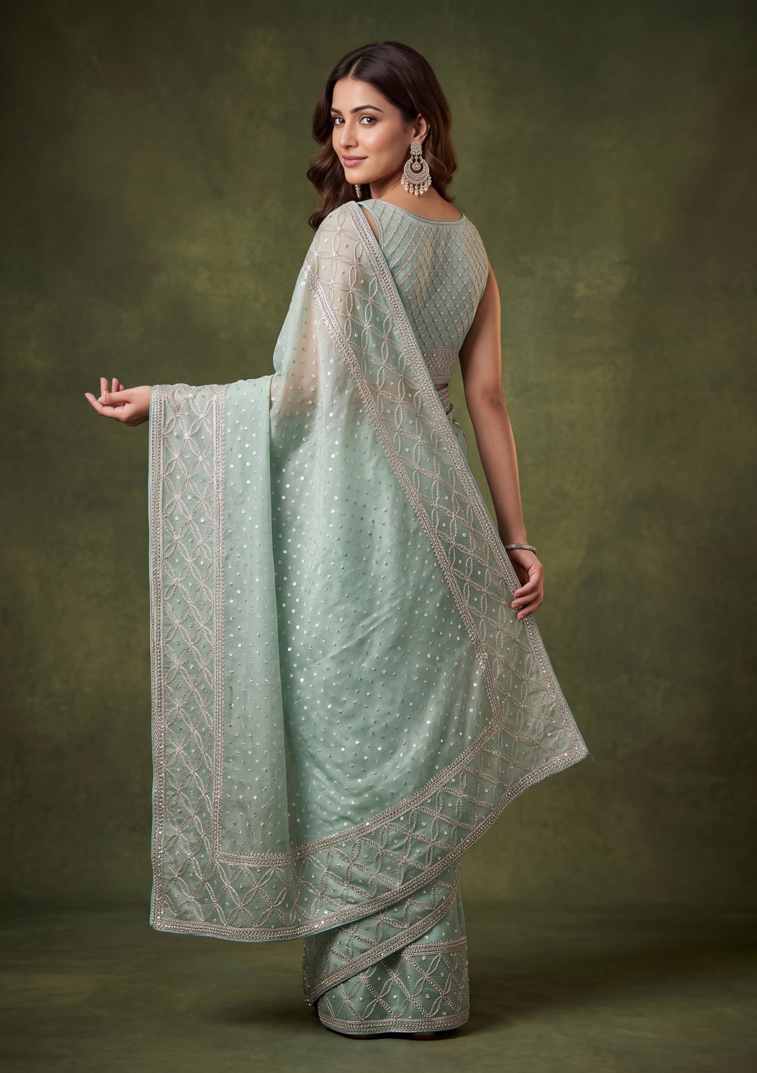 Sea Green Tissue Gold Stonework Saree With Matching Blouse Piece