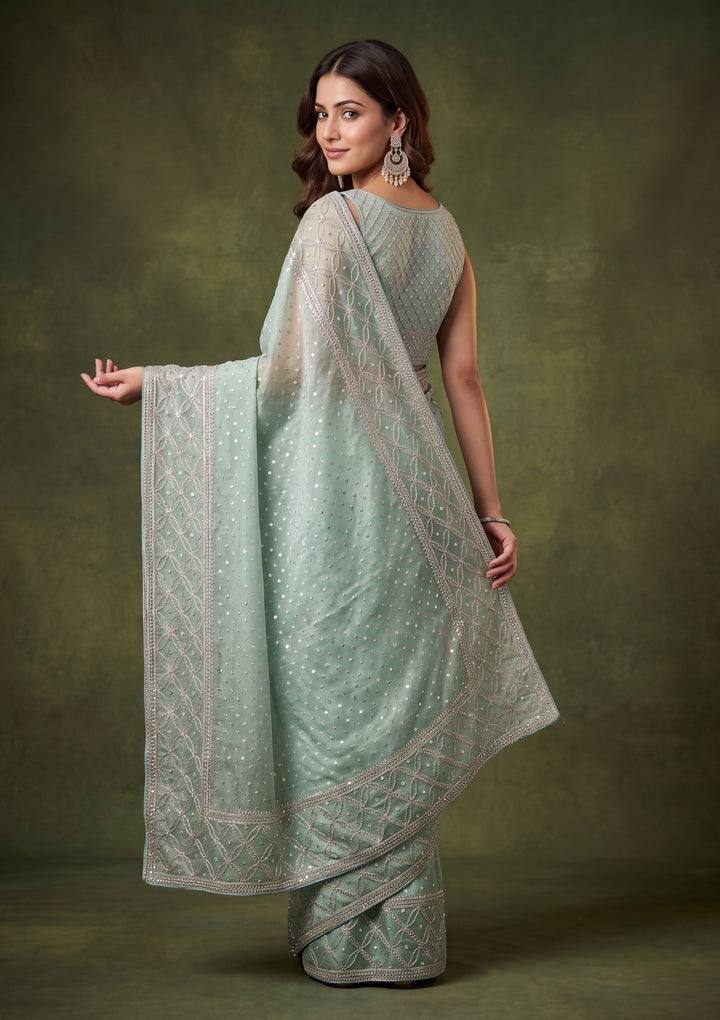 Sea Green Tissue Gold Stonework Saree With Matching Blouse Piece