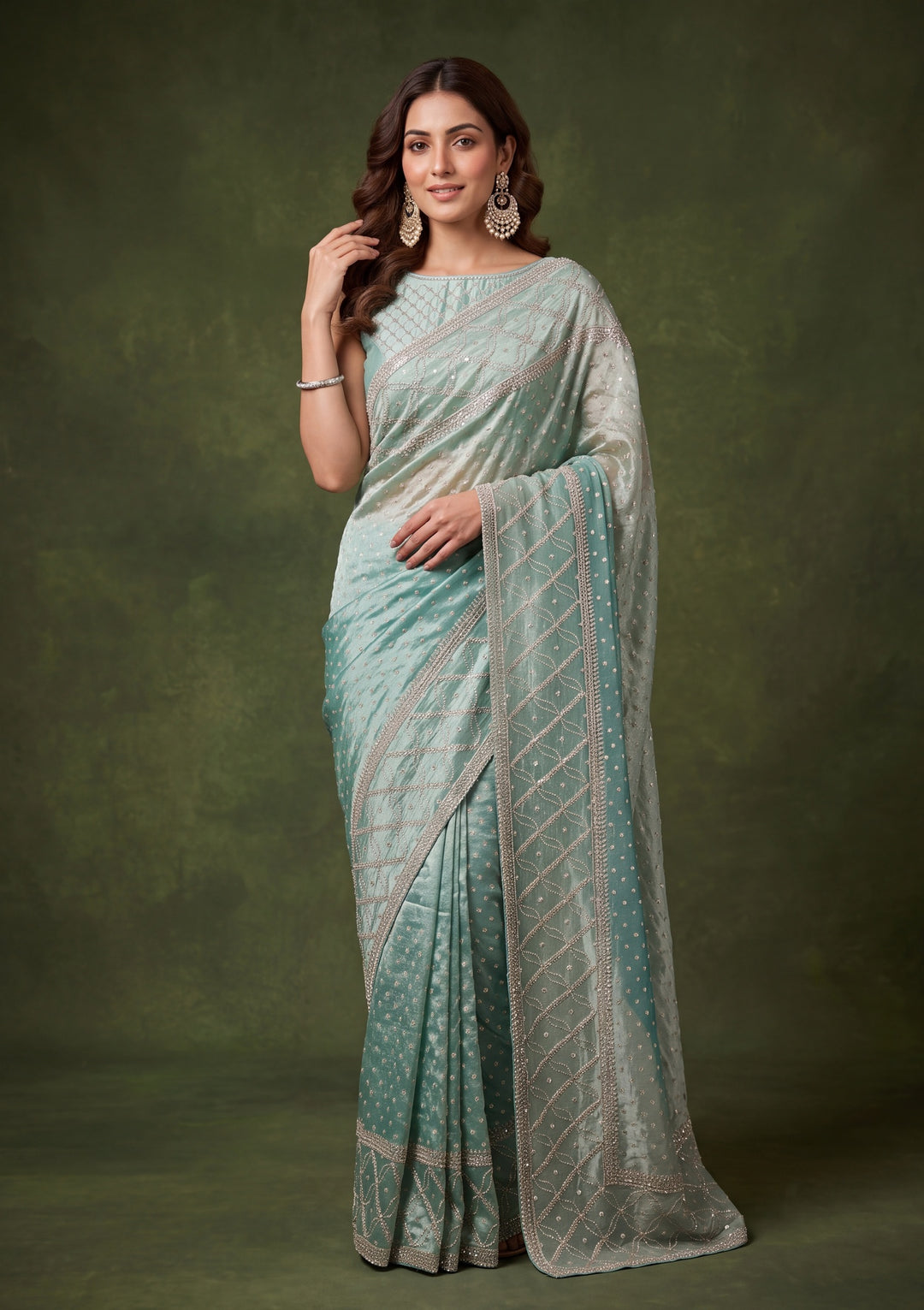 Sea Green Tissue Gold Stonework Saree With Matching Blouse Piece