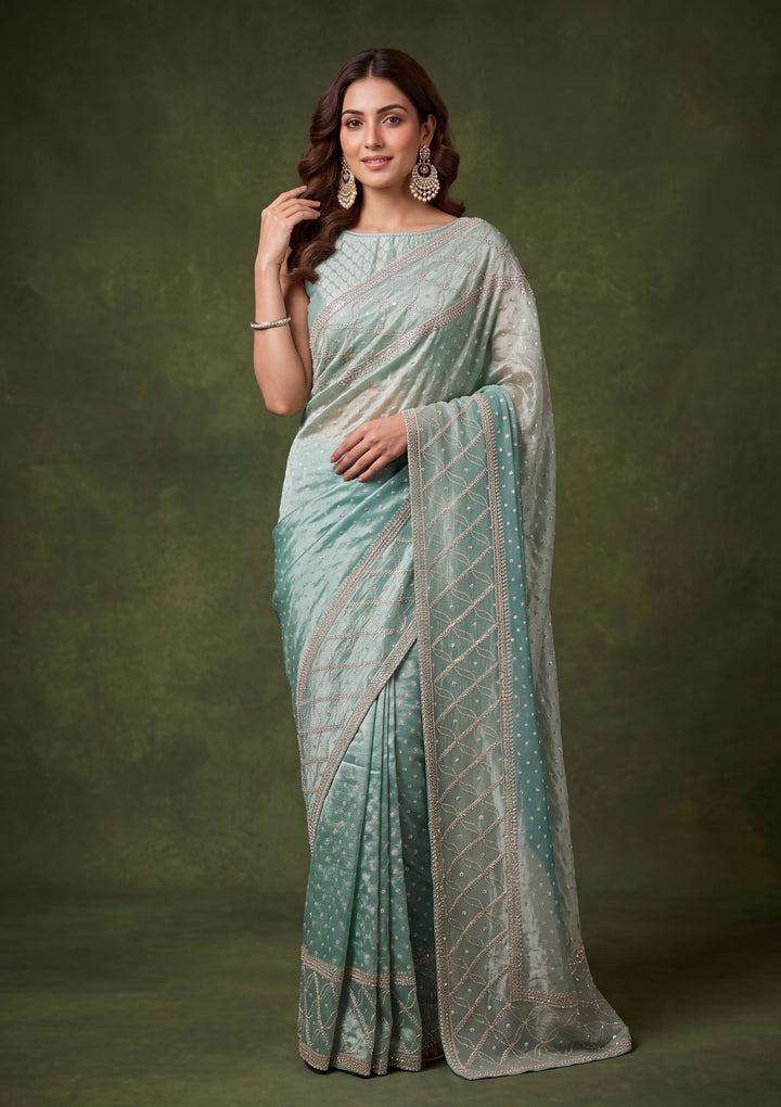 Sea Green Tissue Gold Stonework Saree With Matching Blouse Piece