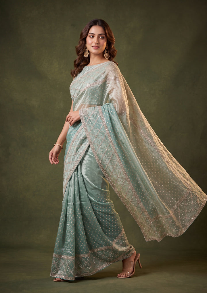 Sea Green Tissue Gold Stonework Saree With Matching Blouse Piece