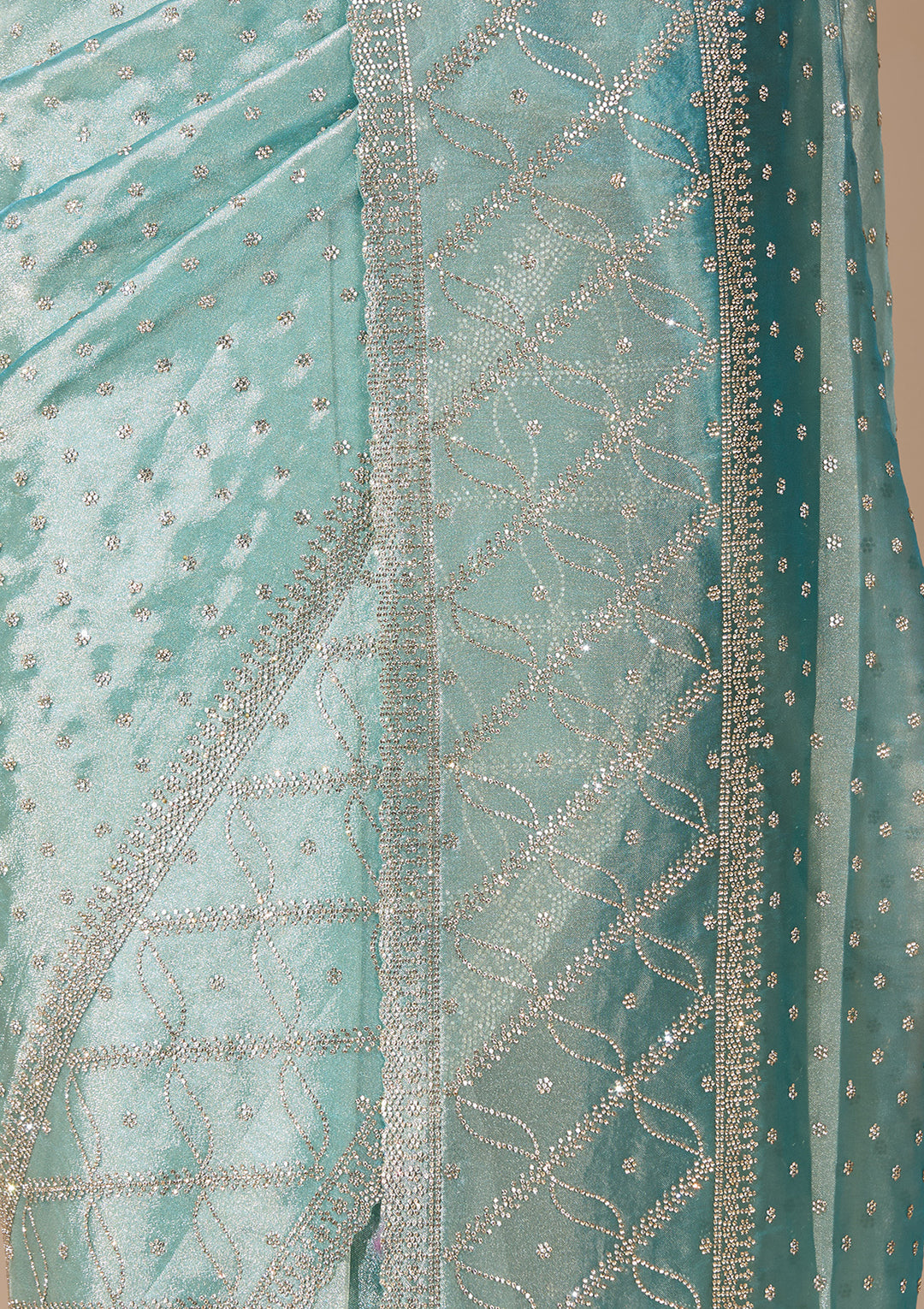 Sea Green Tissue Gold Stonework Saree With Matching Blouse Piece