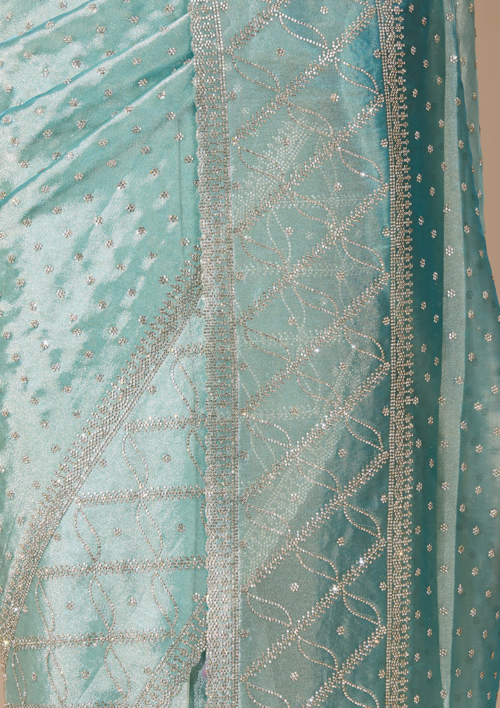 Sea Green Tissue Gold Stonework Saree With Matching Blouse Piece