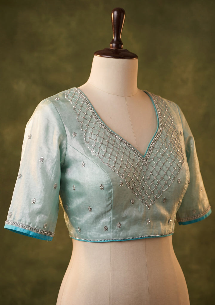 Sea Green Tissue Gold Stonework Saree With Matching Blouse Piece