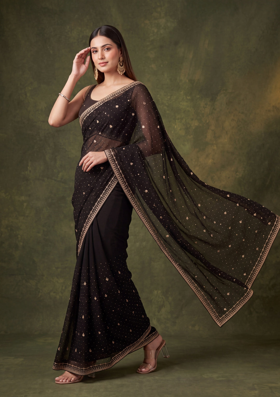 Black Georgette Gold Zariwork Saree With Matching Blouse Piece