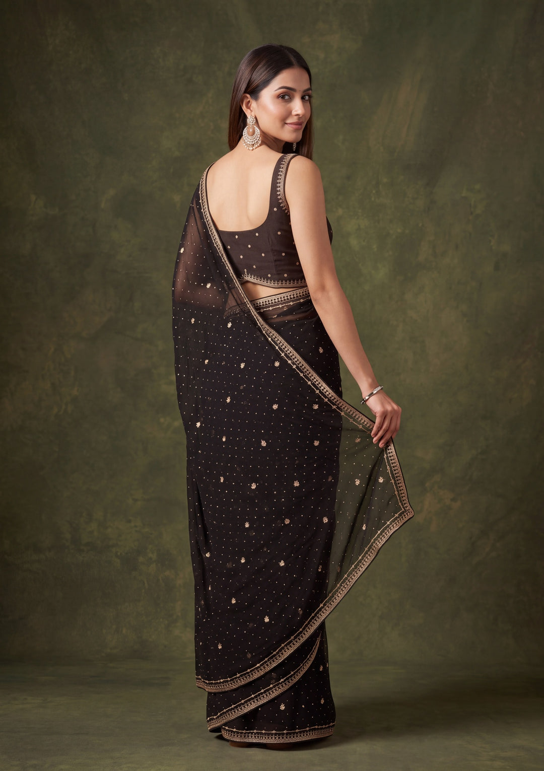 Black Georgette Gold Zariwork Saree With Matching Blouse Piece