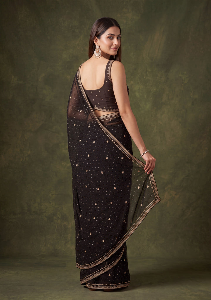 Black Georgette Gold Zariwork Saree With Matching Blouse Piece