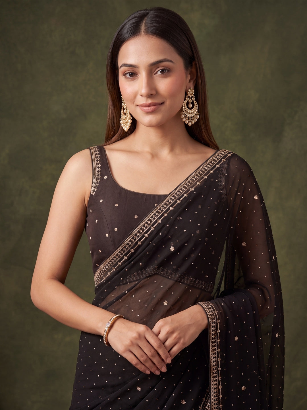 Black Georgette Gold Zariwork Saree With Matching Blouse Piece