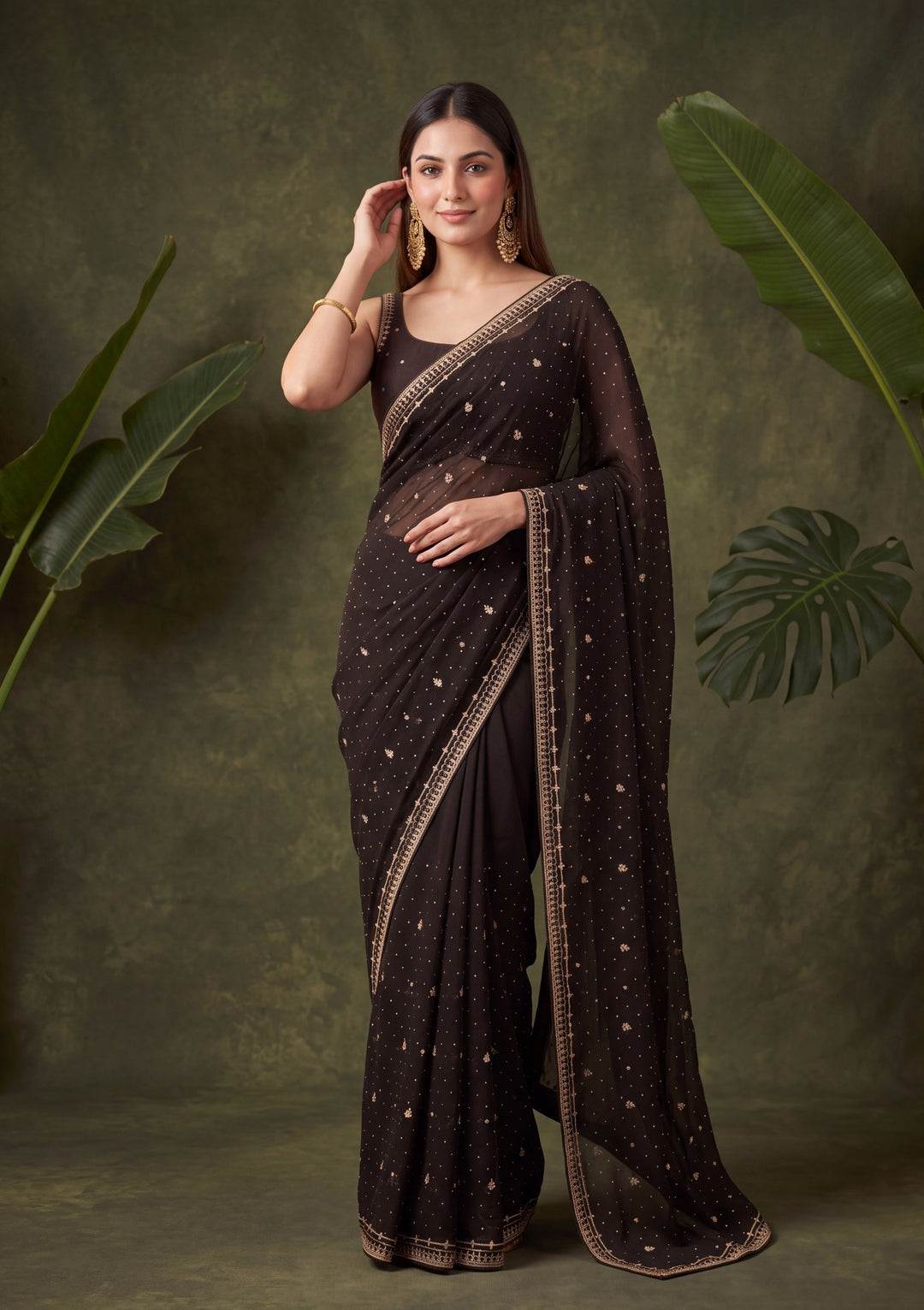 Black Georgette Gold Zariwork Saree With Matching Blouse Piece