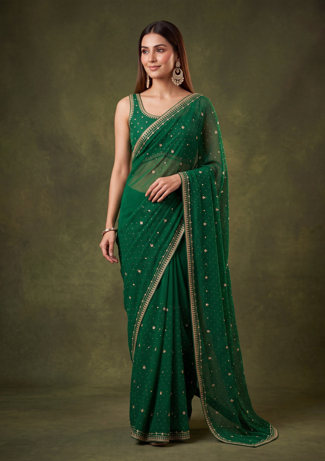 Bottle Green Georgette Gold Zariwork Saree With Matching Blouse Piece
