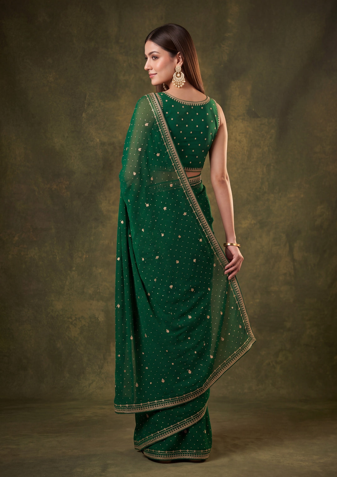 Bottle Green Georgette Gold Zariwork Saree With Matching Blouse Piece