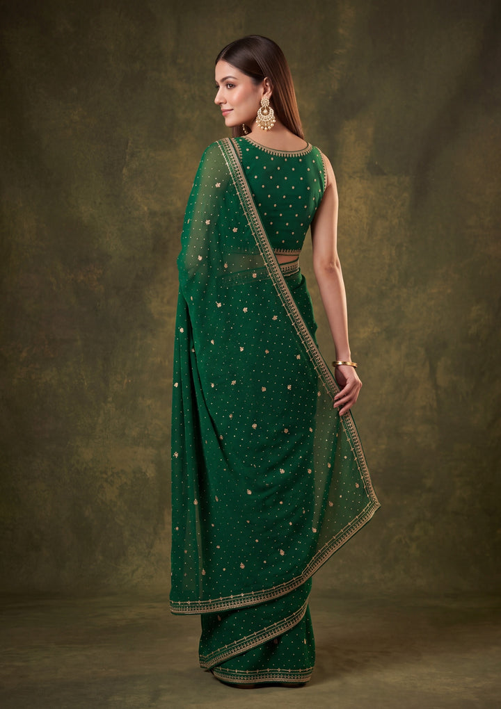 Bottle Green Georgette Gold Zariwork Saree With Matching Blouse Piece