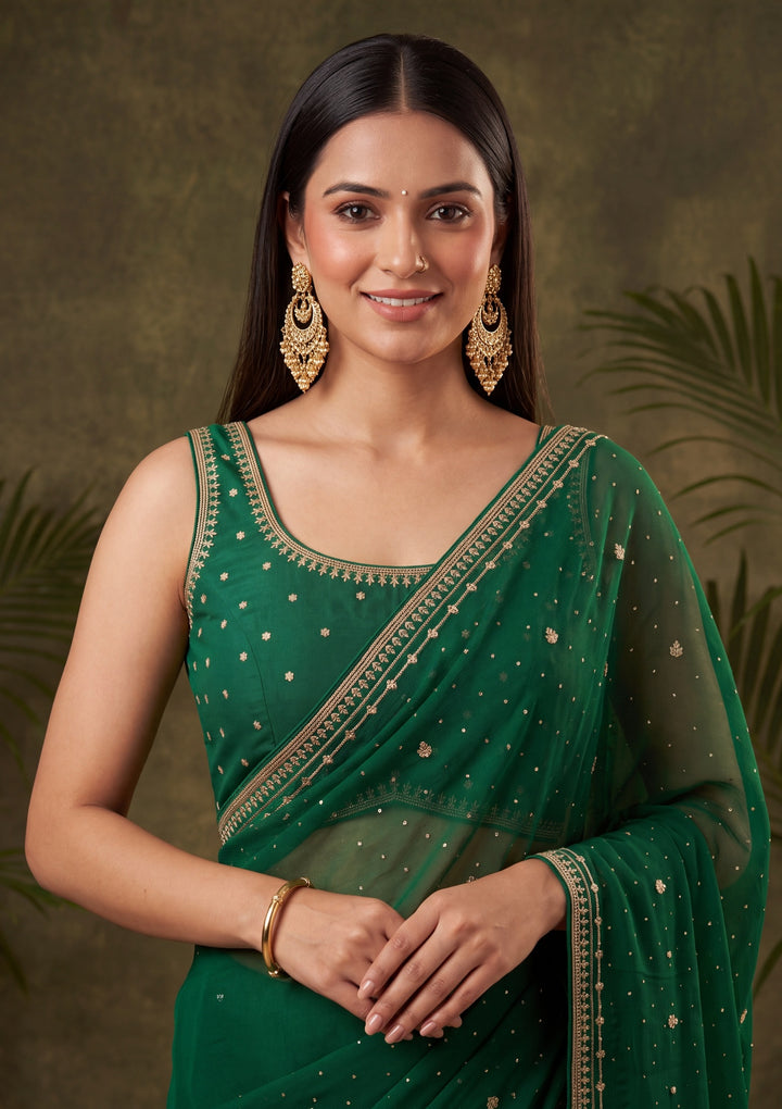 Bottle Green Georgette Gold Zariwork Saree With Matching Blouse Piece