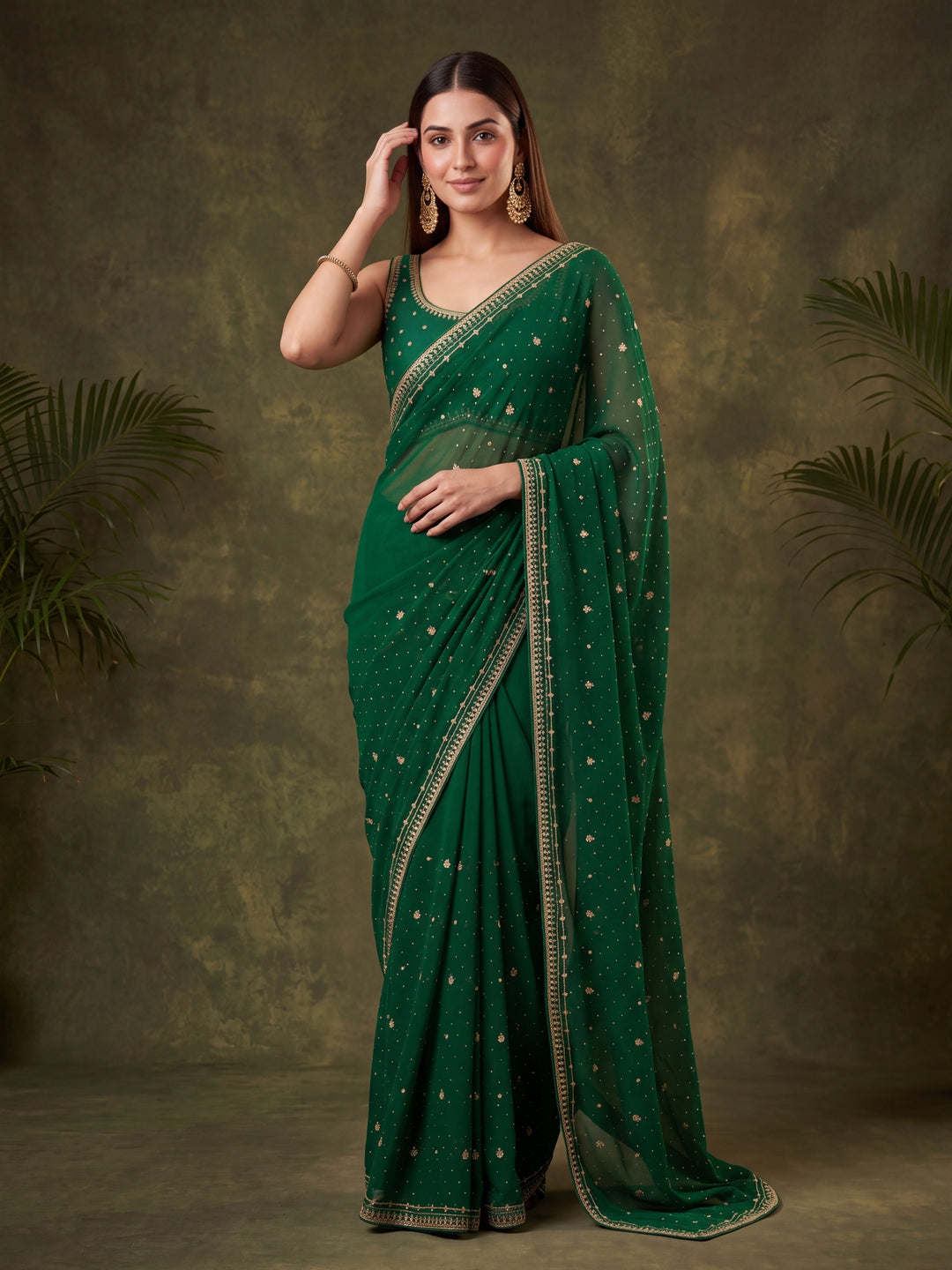 Bottle Green Georgette Gold Zariwork Saree With Matching Blouse Piece