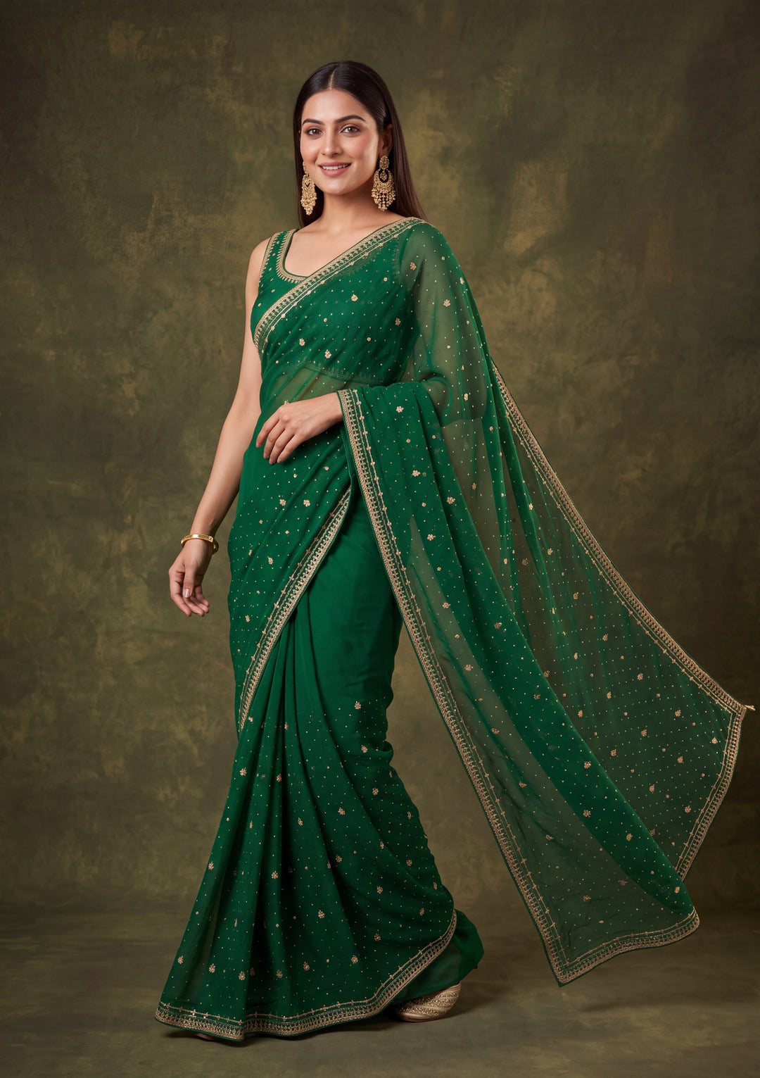 Bottle Green Georgette Gold Zariwork Saree With Matching Blouse Piece