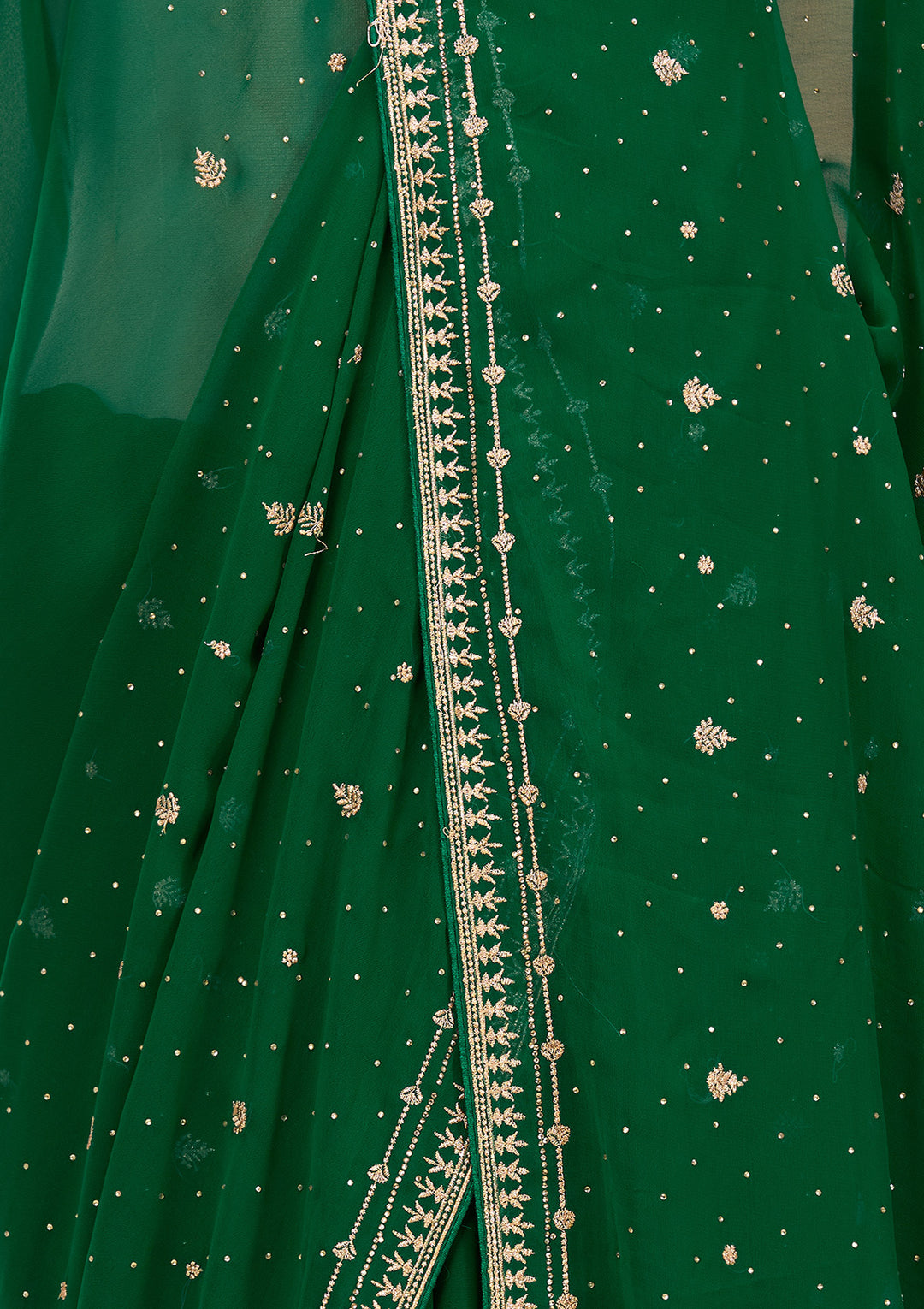 Bottle Green Georgette Gold Zariwork Saree With Matching Blouse Piece