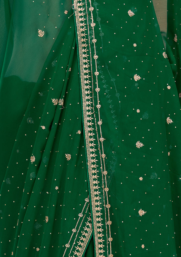 Bottle Green Georgette Gold Zariwork Saree With Matching Blouse Piece