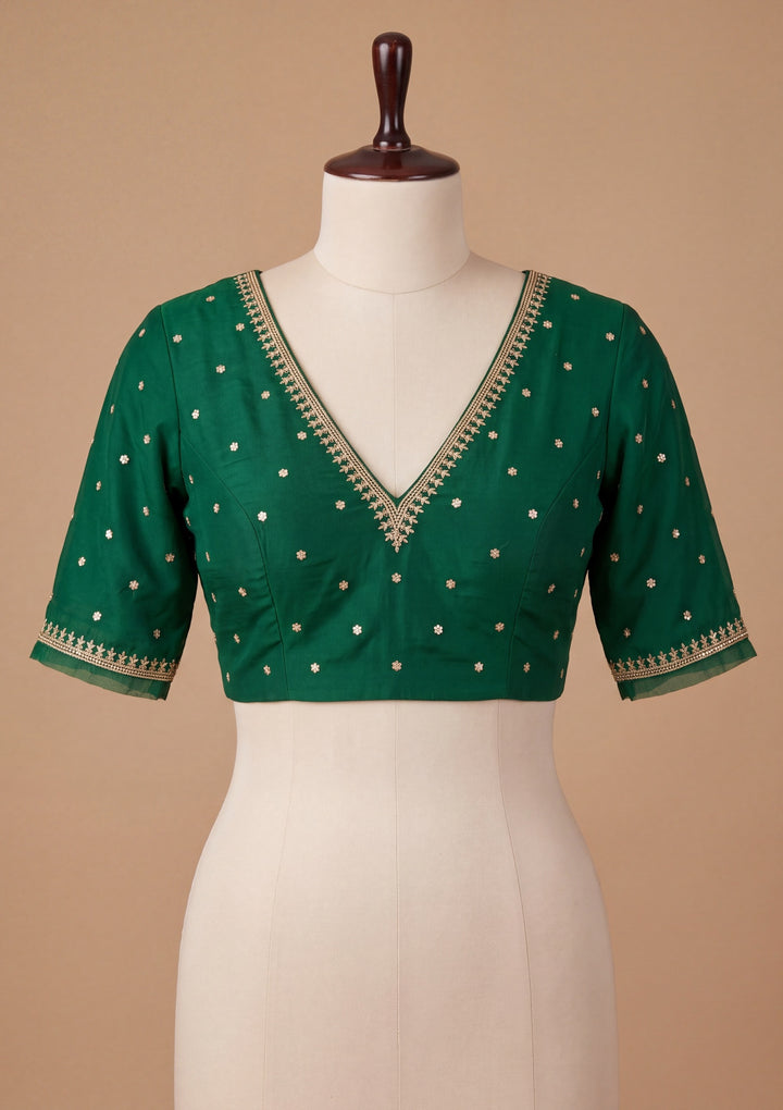 Bottle Green Georgette Gold Zariwork Saree With Matching Blouse Piece