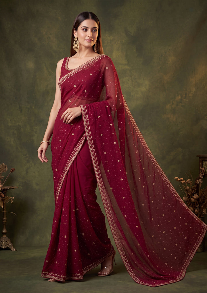 Wine Georgette Gold Zariwork Saree With Matching Blouse Piece