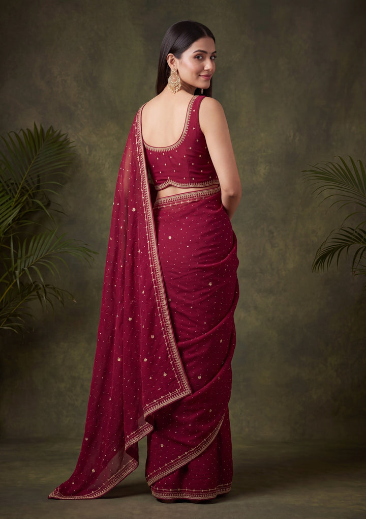 Wine Georgette Gold Zariwork Saree With Matching Blouse Piece