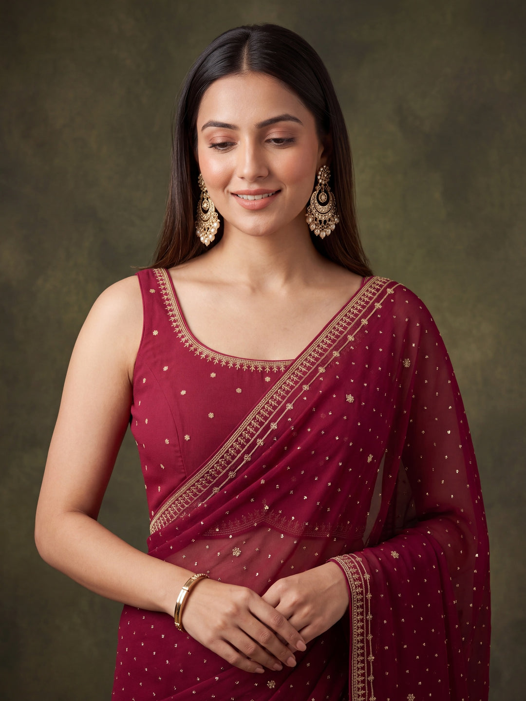 Wine Georgette Gold Zariwork Saree With Matching Blouse Piece