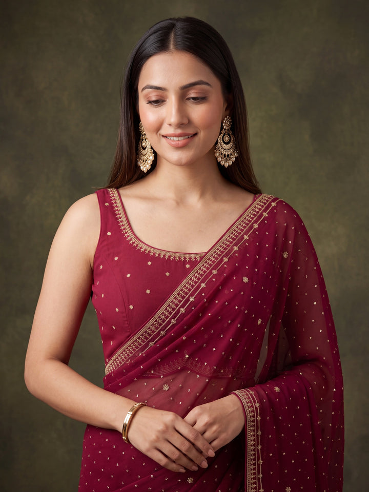 Wine Georgette Gold Zariwork Saree With Matching Blouse Piece