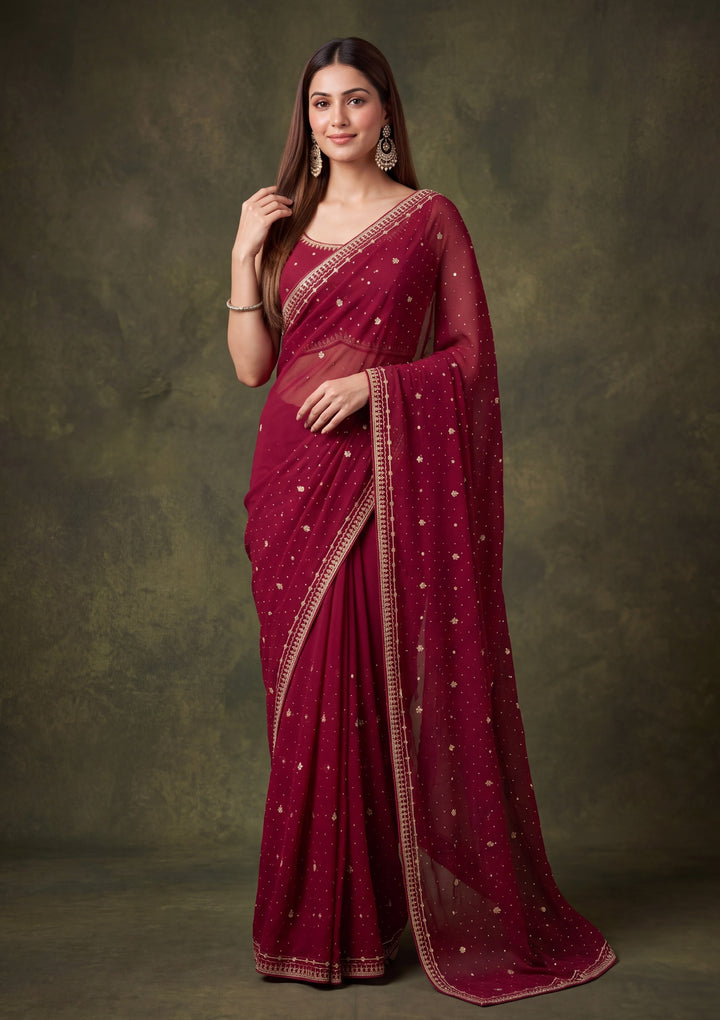 Wine Georgette Gold Zariwork Saree With Matching Blouse Piece