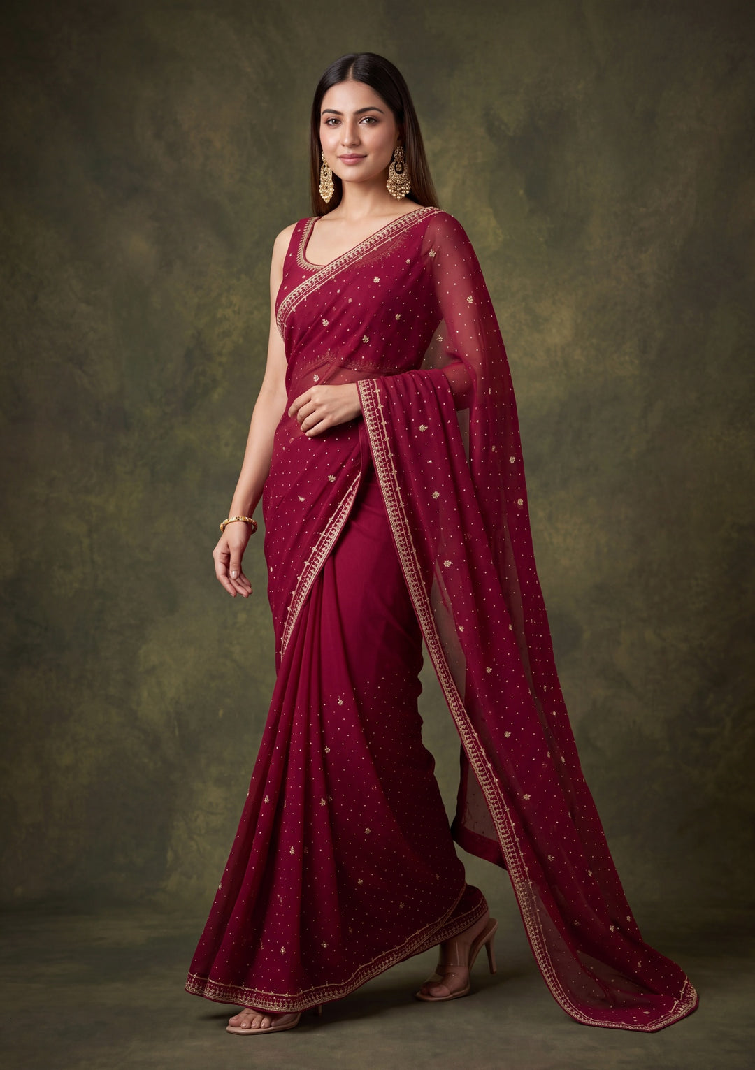 Wine Georgette Gold Zariwork Saree With Matching Blouse Piece